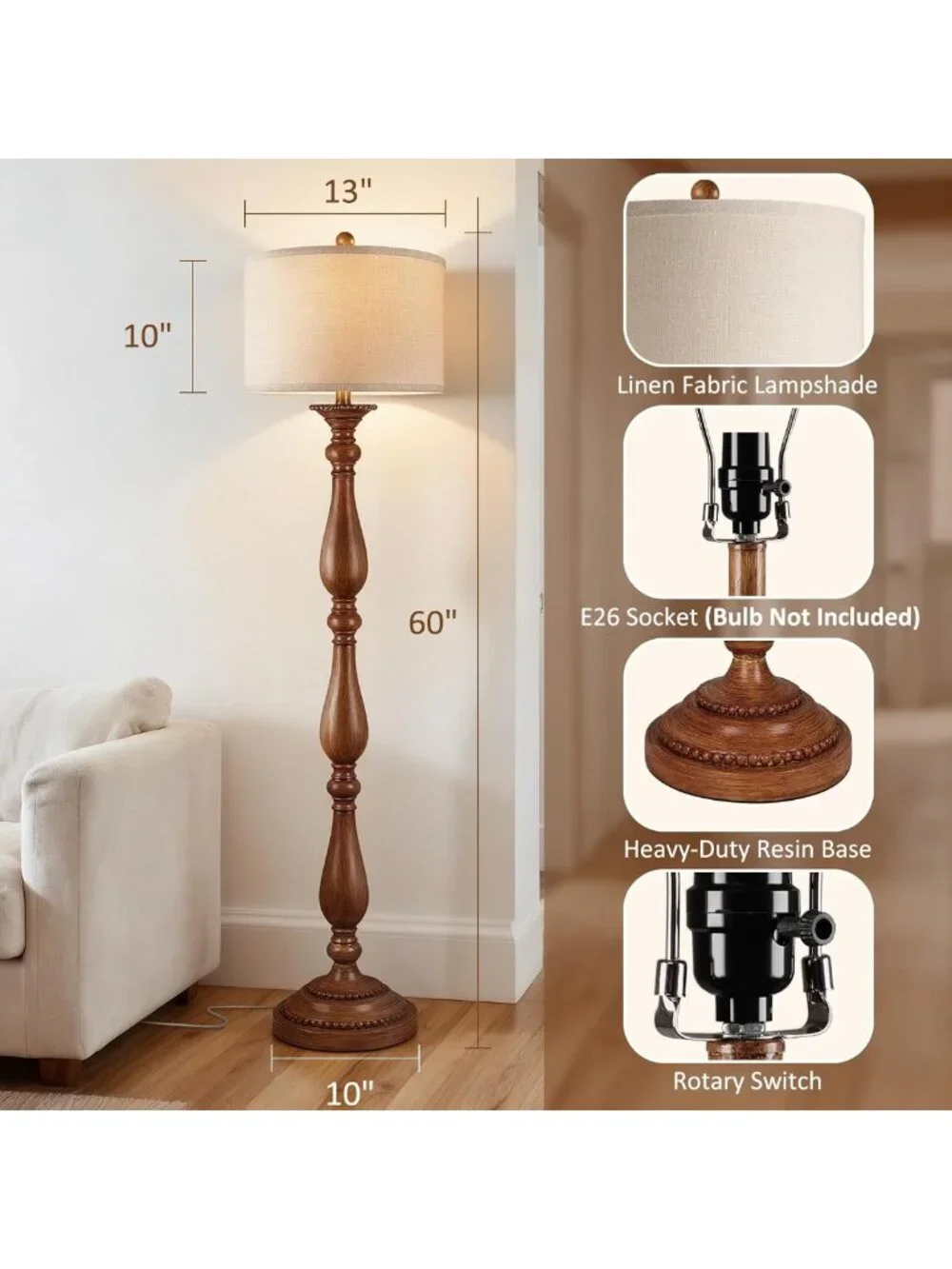 Rustic Vintage Floor Lamp with Linen Shade, Retro Standing Light for Living
